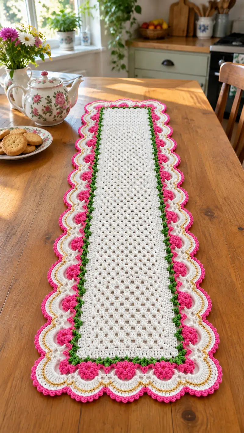 Vintage Rose Scallop Table Runner Pattern crochet pattern - detailed view of completed project