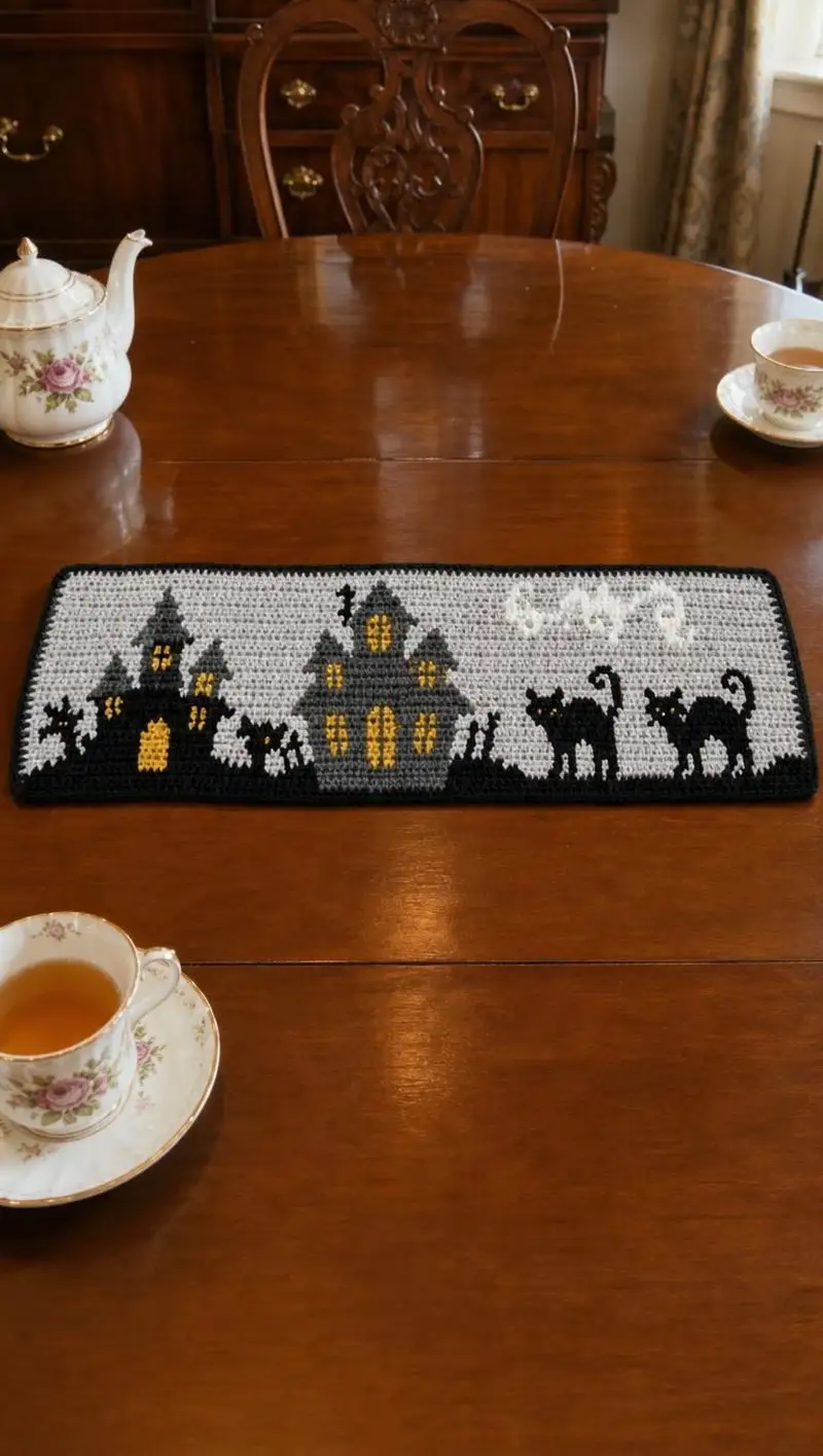 Haunted Night Table Runner Pattern crochet pattern - detailed view of completed project