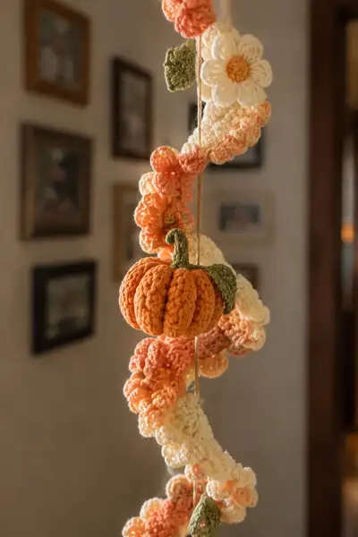Peach and Cream Roof Spiral Garland with Pumpkins and Daisies Pattern step 2 - assembly progress