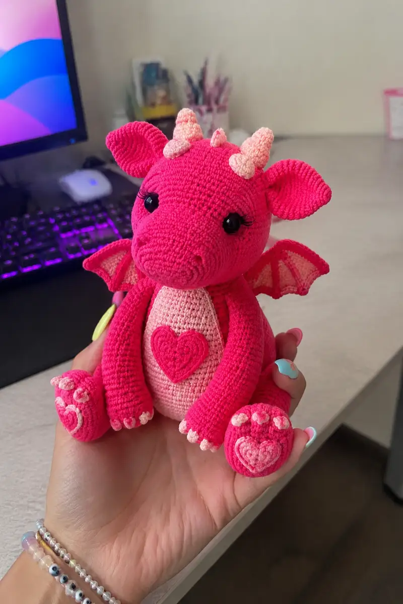 Big Hot Pink Love Dragon Amigurumi Pattern crochet pattern - detailed view of completed project