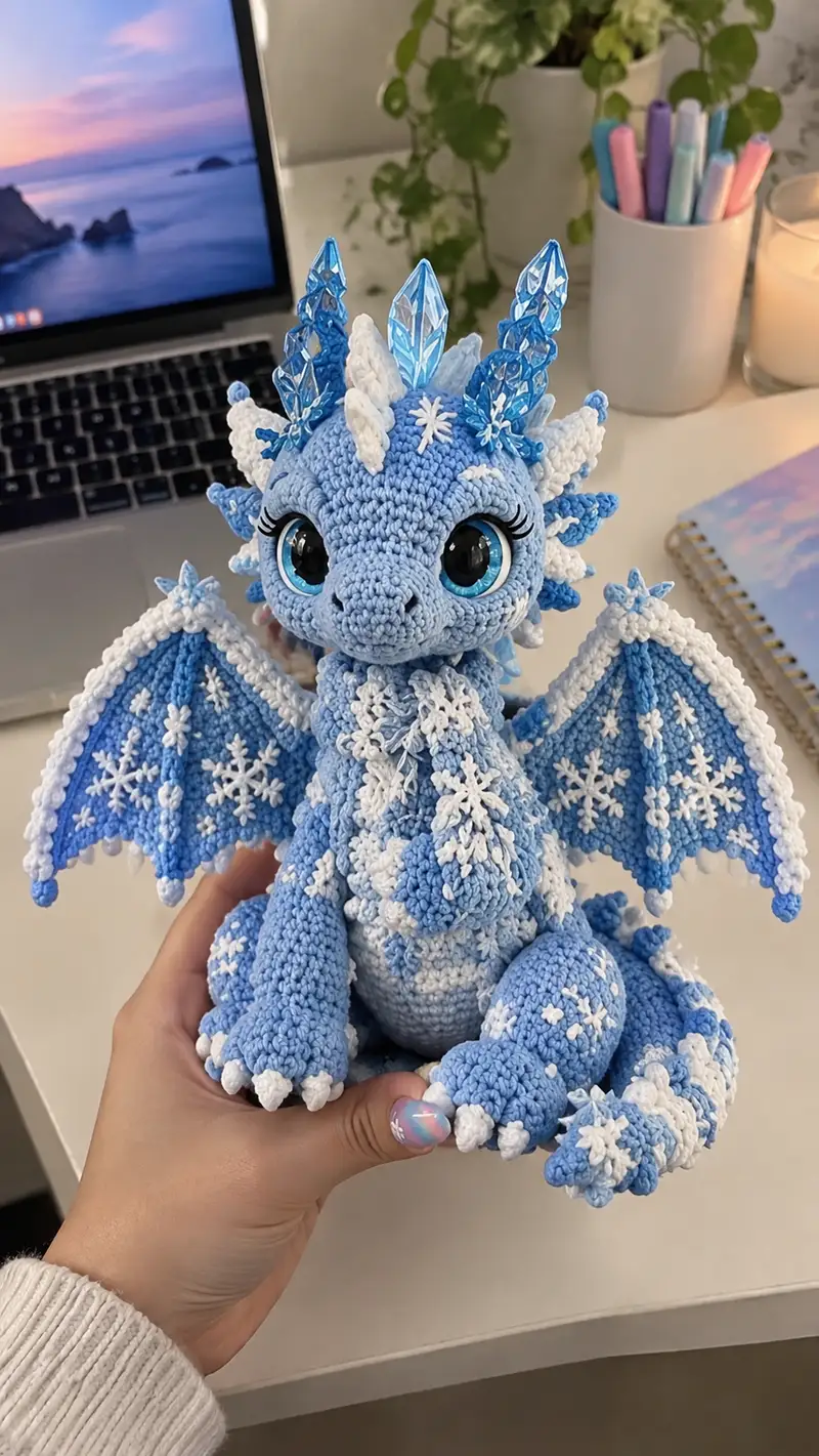 Ice Snow Dragon Amigurumi Pattern crochet pattern - detailed view of completed project