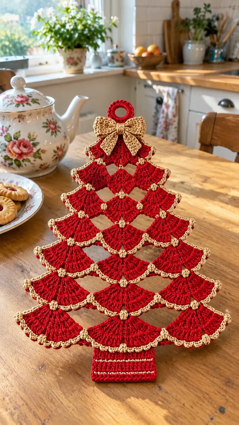 Festive Red & Gold Layered Tree Pattern crochet pattern - detailed view of completed project