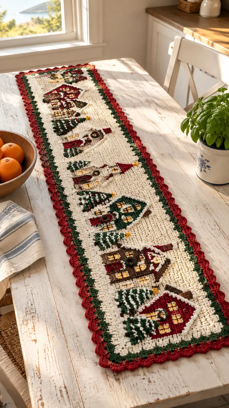 Cozy Christmas Village Table Runner Pattern crochet pattern - detailed view of completed project