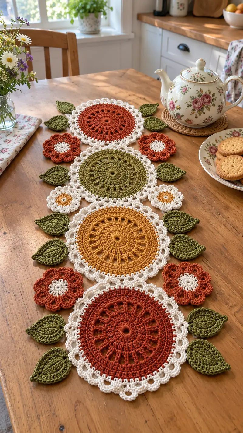 Sunrise Floral Table Runner Pattern crochet pattern - detailed view of completed project