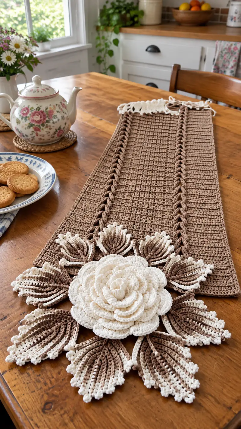Rustic Rose Table Runner Pattern crochet pattern - detailed view of completed project