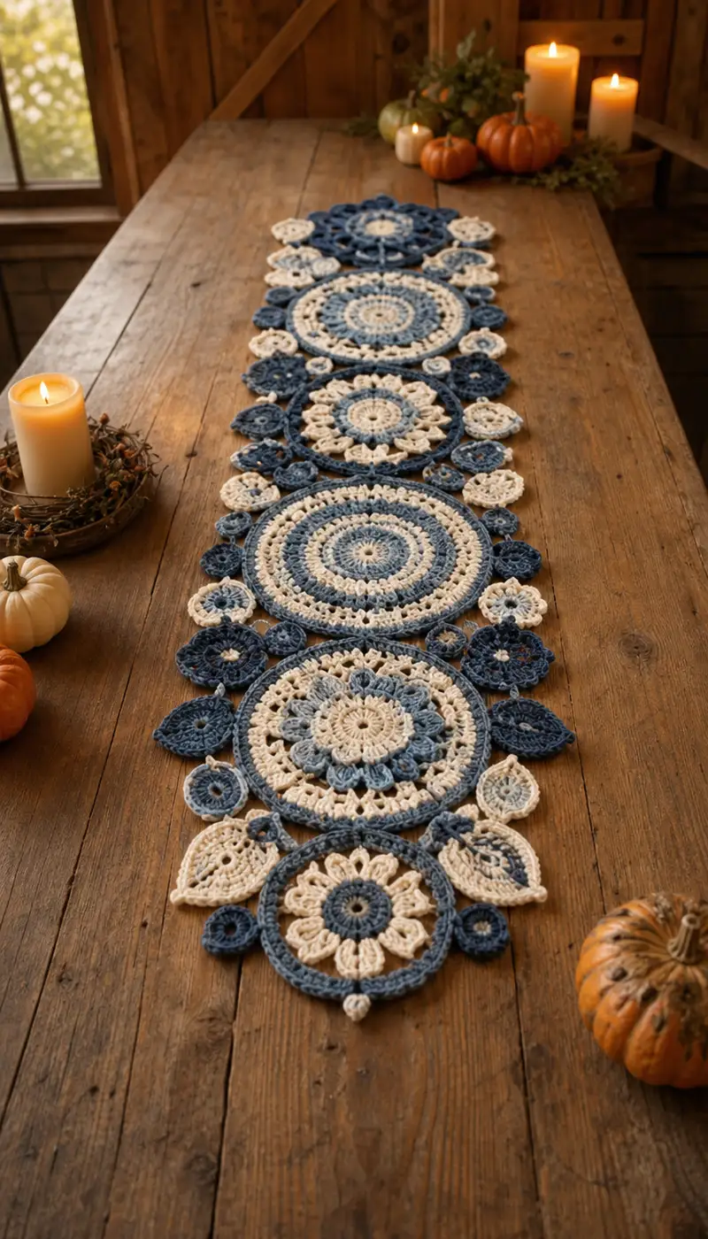 Navy And Cream Floral Motif Table Runner Pattern crochet pattern - detailed view of completed project