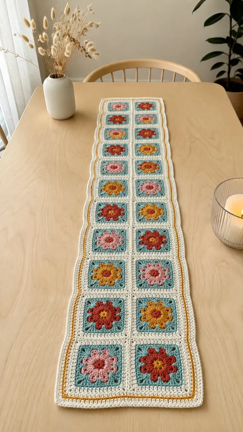 Vintage Floral Granny Square Table Runner Pattern crochet pattern - detailed view of completed project