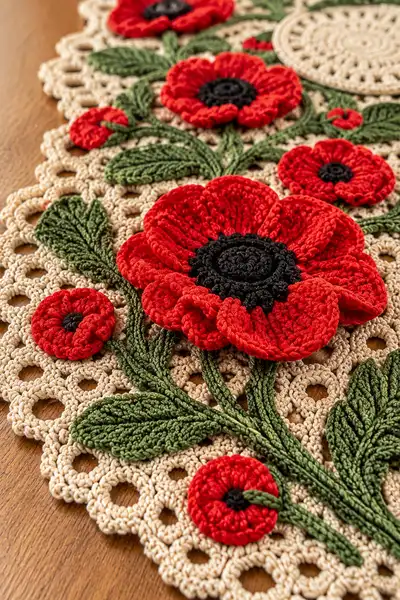 Poppy Field Crochet Table Runner Pattern step 2 - assembly progress