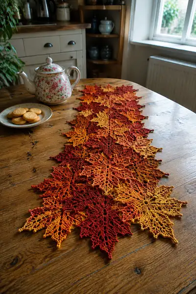 Autumn Maple Leaf Lace Table Runner Pattern step 1 - construction progress