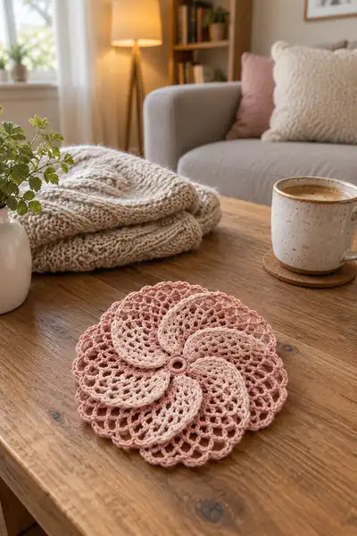 Dusty Rose Floral Medallion Bedspread Pattern step 2 - assembly progress
