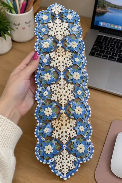 Snowflake and Winter Bloom Joined Motif Table Runner Pattern step 1 - construction progress