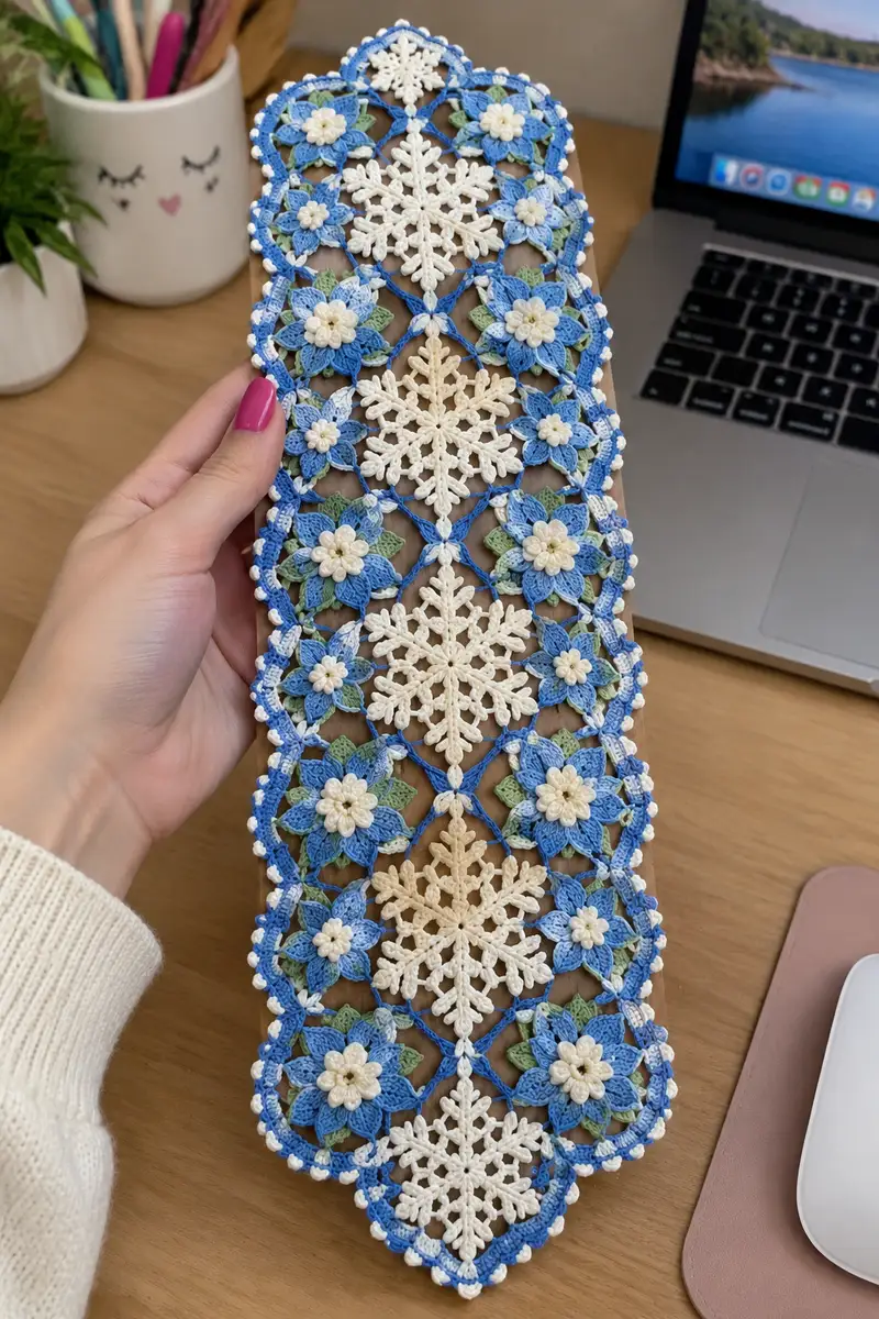 Snowflake and Winter Bloom Joined Motif Table Runner Pattern crochet pattern - detailed view of completed project