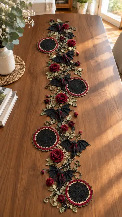 Gothic Rose and Bat Table Runner Pattern step 1 - construction progress