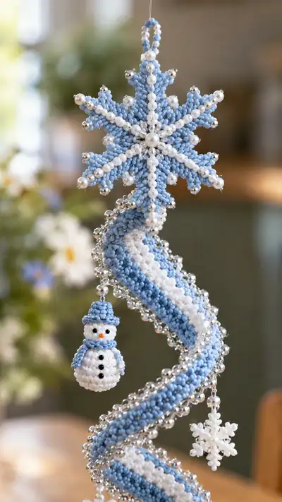 Blue and White Spiral Beaded Hanging Garland Pattern step 2 - assembly progress