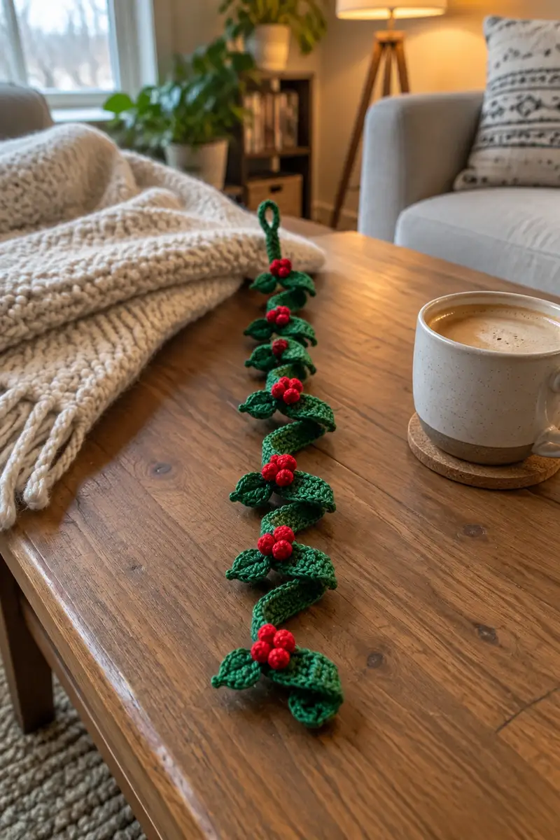 Berry Holly Spiral Christmas Garland Pattern crochet pattern - detailed view of completed project