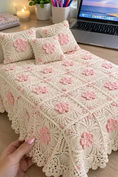 Romantic Pink Flower Lace Bedspread Pattern step 1 - construction progress
