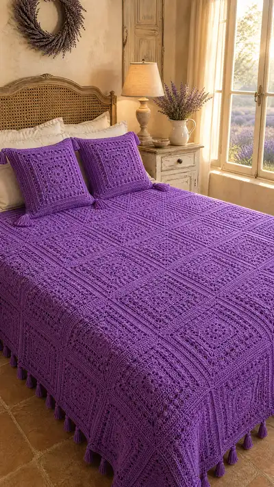 Vibrant Lavender Granny Square Bedspread Pattern step 1 - construction progress
