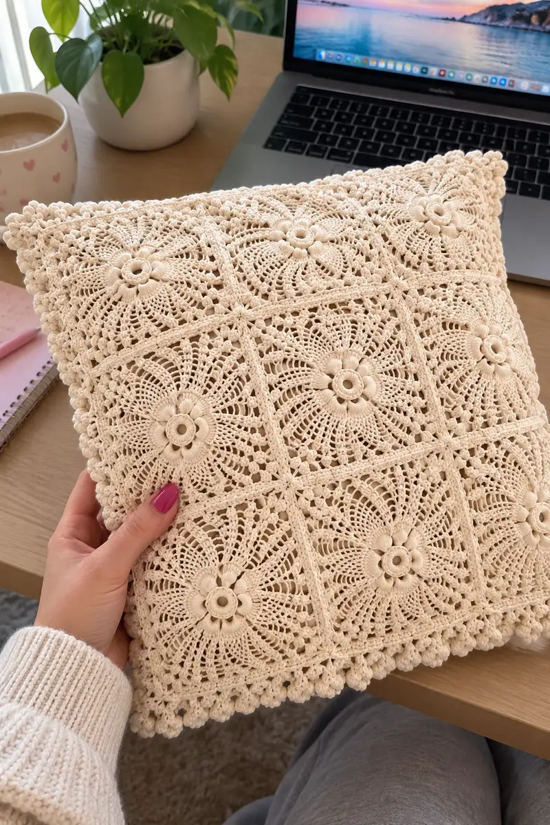 Hermoso Cream Bedspread Pattern crochet pattern - detailed view of completed project