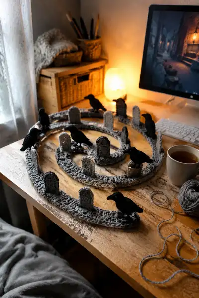 Grey Spiral Halloween Garland with Tombstones and Crows Pattern step 1 - construction progress