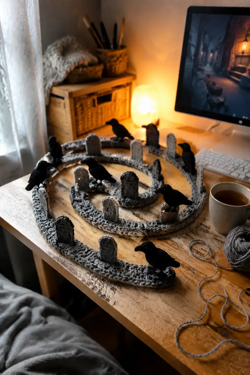 Grey Spiral Halloween Garland with Tombstones and Crows Pattern crochet pattern - detailed view of completed project