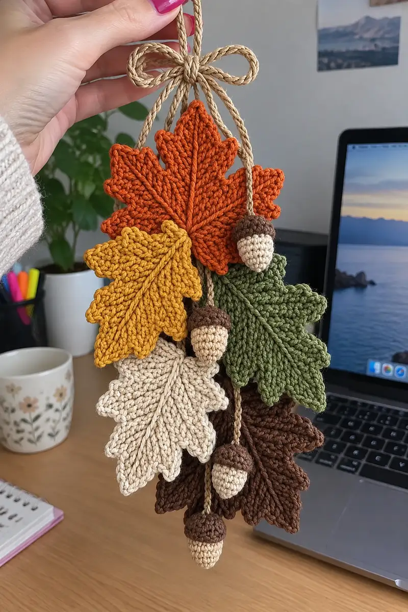 Autumn Leaf & Acorn Garland Pattern crochet pattern - detailed view of completed project