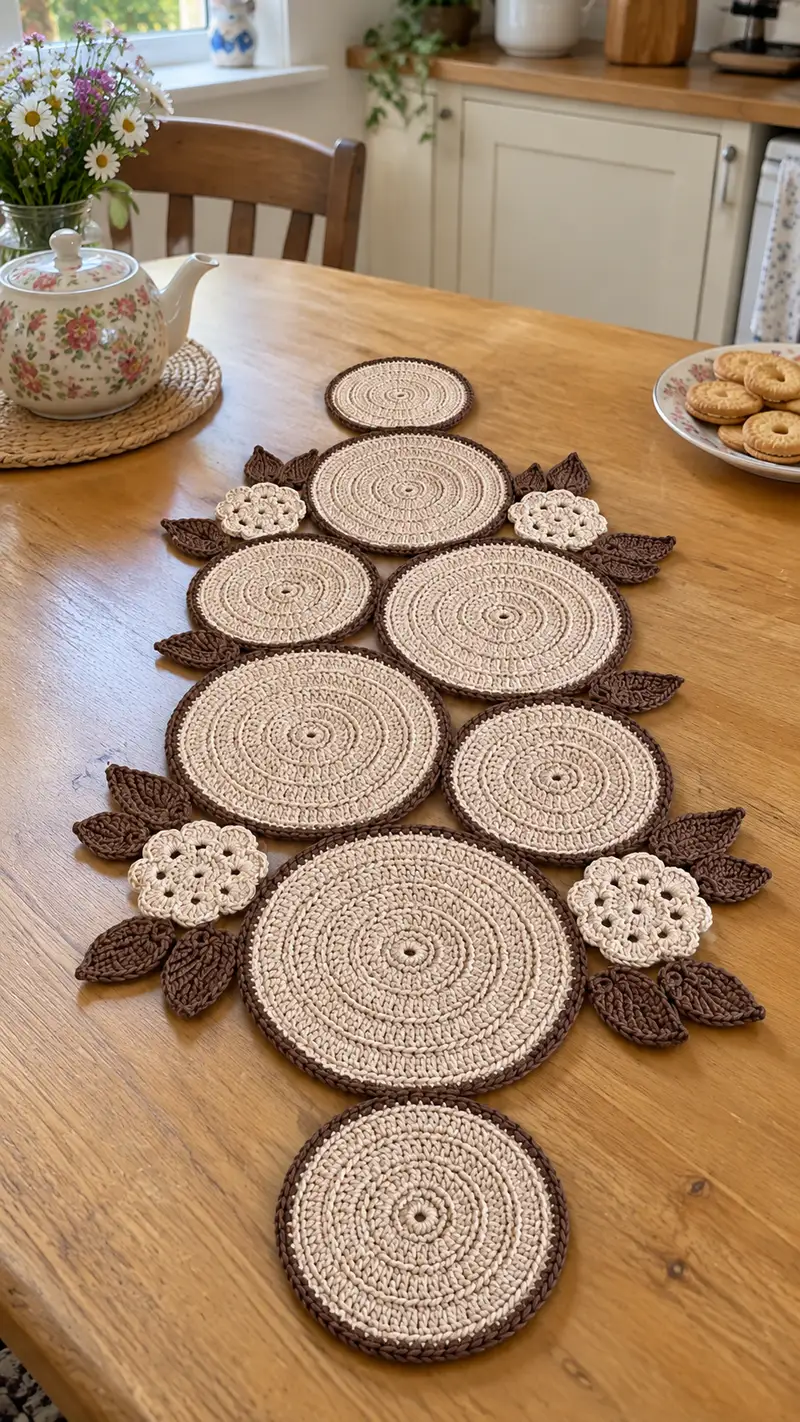 Woodland Round Coaster Table Runner Pattern crochet pattern - detailed view of completed project