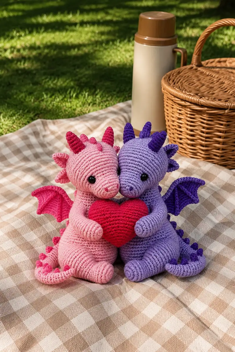 Free crochet pattern: Double Valentine Hugging Heart Dragons Amigurumi Pattern - Intermediate level tutorial