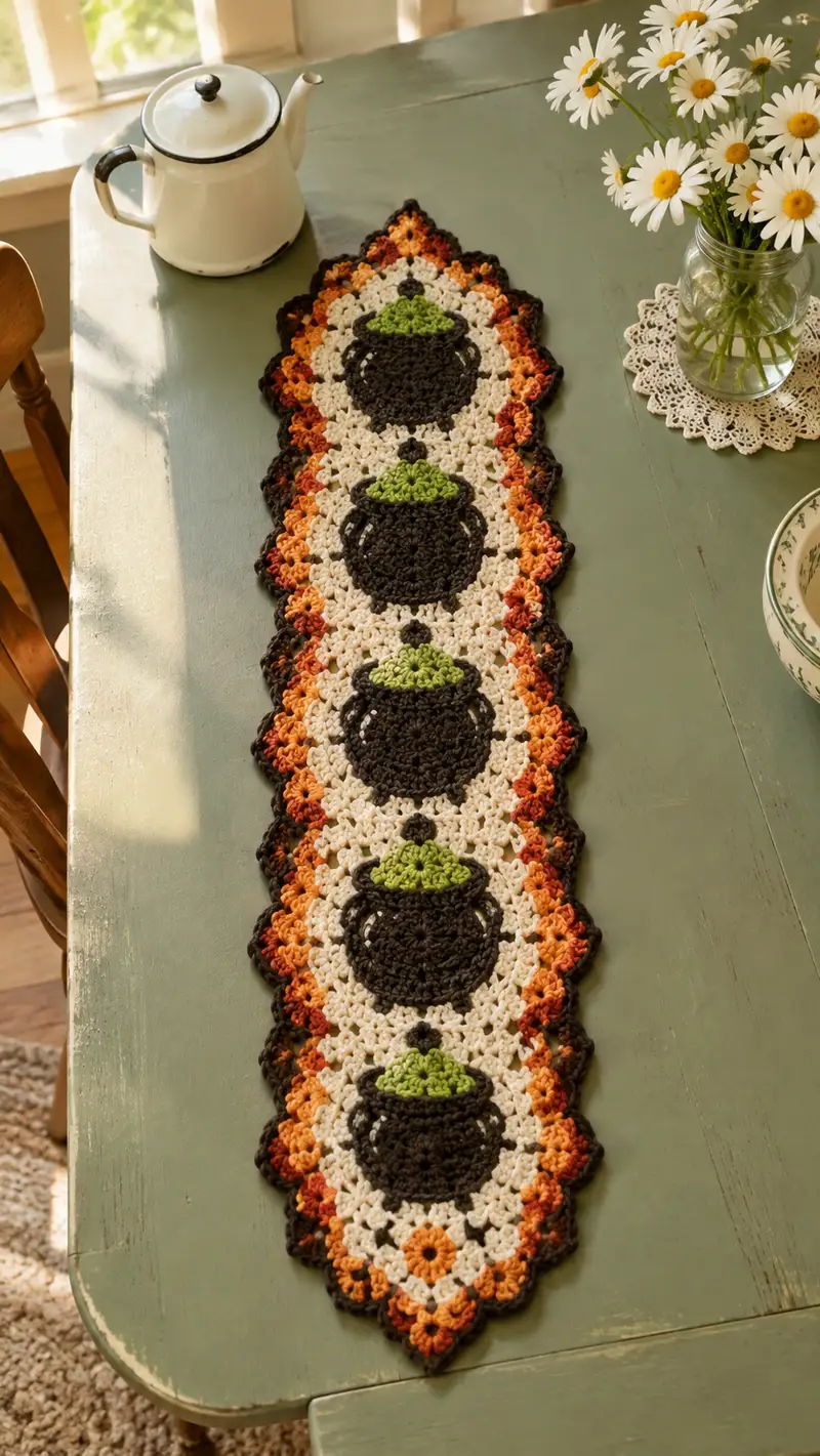 Autumn Cauldron Table Runner Pattern crochet pattern - detailed view of completed project