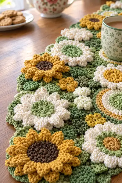 Sunflower and Coaster Fancy Crochet Table Runner Pattern step 2 - assembly progress