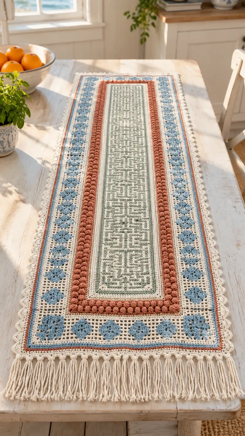 Textured Geo Table Runner Pattern crochet pattern - detailed view of completed project