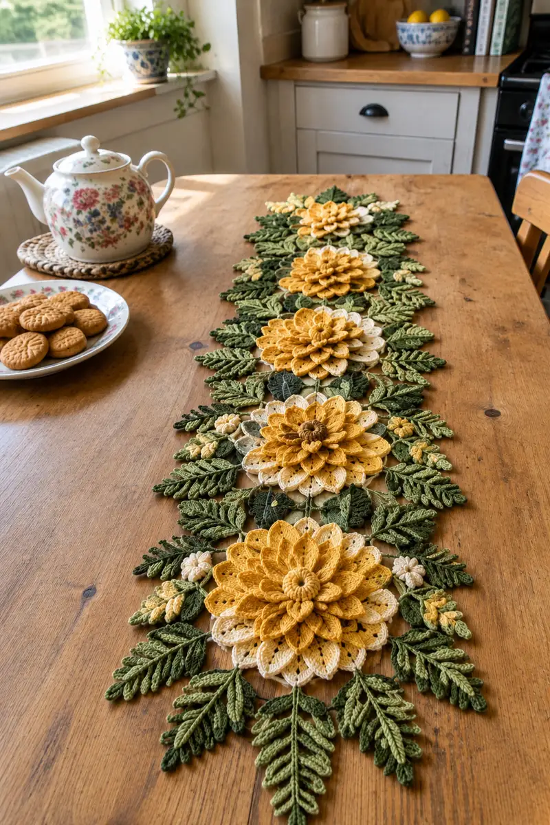 Golden Dahlia and Fern Detached Motif Table Runner Pattern crochet pattern - detailed view of completed project