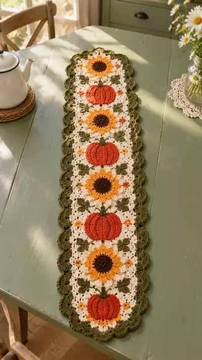 Sunflower & Pumpkin Table Runner Pattern step 1 - construction progress