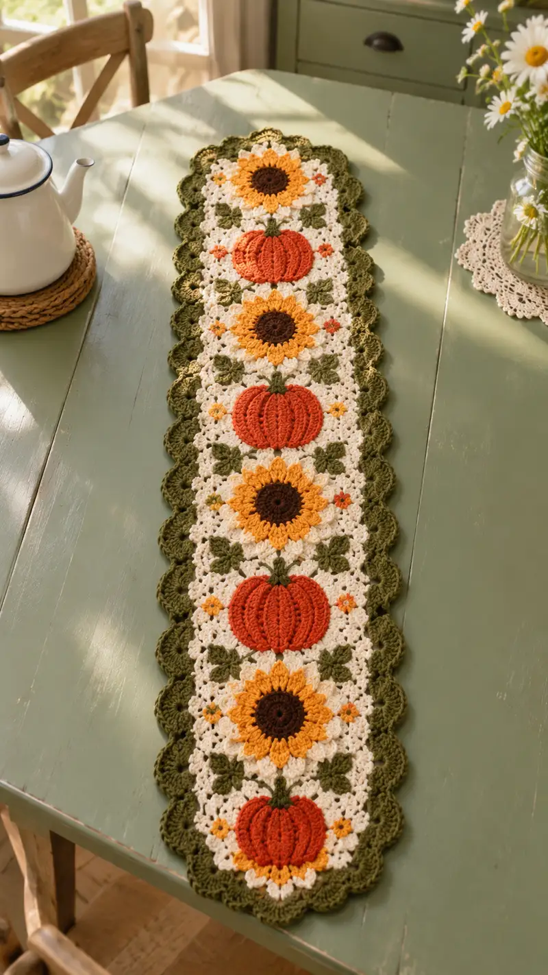 Sunflower & Pumpkin Table Runner Pattern crochet pattern - detailed view of completed project