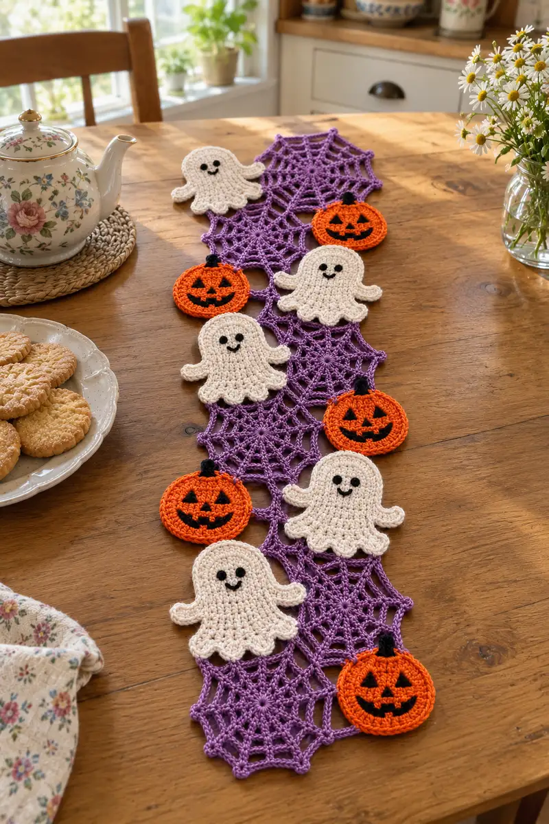 Dancing Ghosts and Pumpkins Halloween Table Runner Pattern crochet pattern - detailed view of completed project