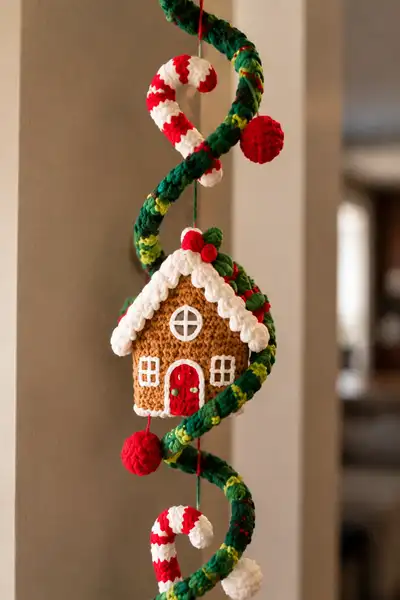 Festive Crochet Wreath with Gingerbread House and Candy Cane Amigurumi Pattern step 2 - assembly progress
