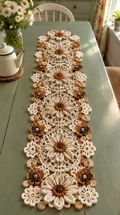 Cream And Mocha Daisy Lace Table Runner Pattern step 1 - construction progress