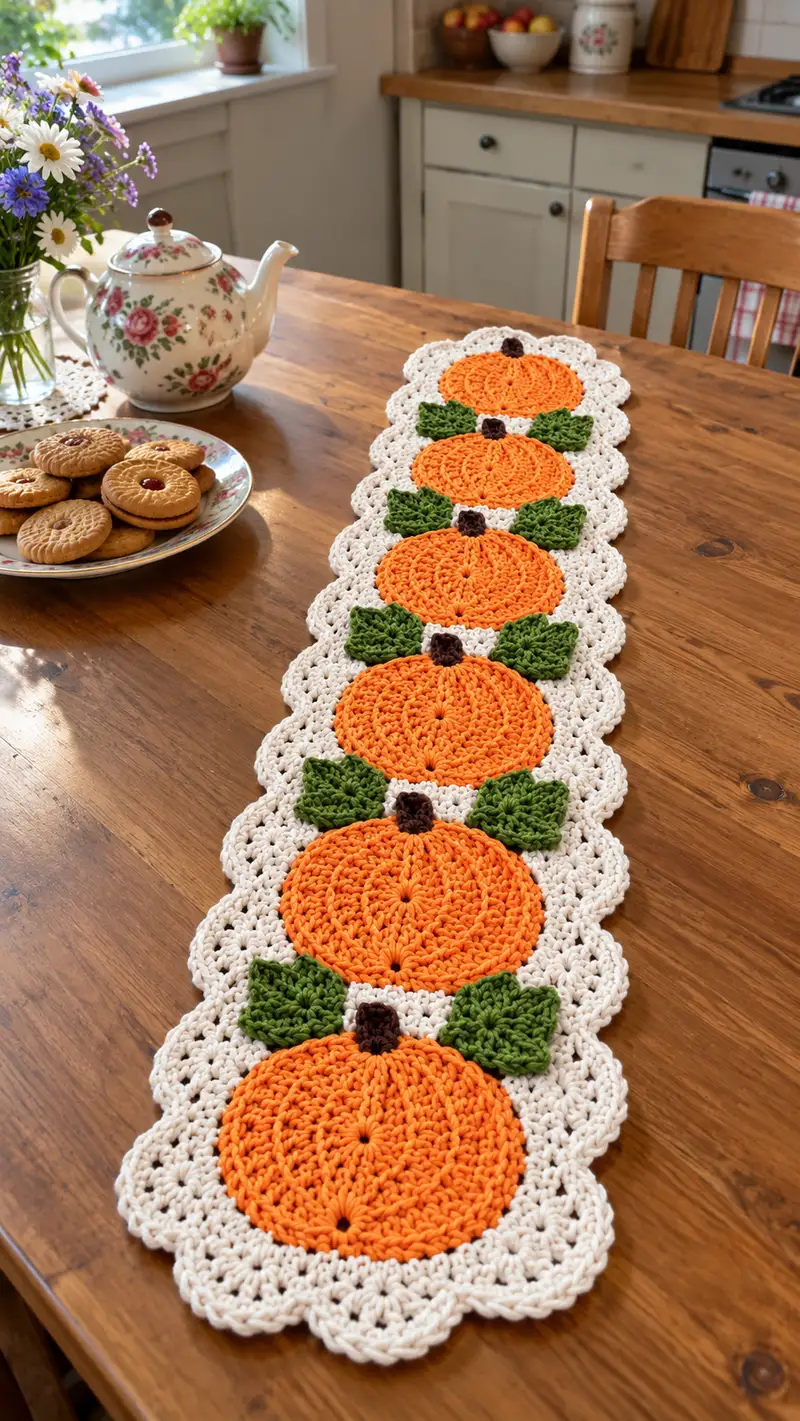 Pumpkin Patch Table Runner Pattern crochet pattern - detailed view of completed project