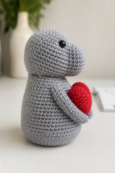 Sweet Little Grey Amigurumi Holding Heart Amigurumi Pattern step 2 - assembly progress