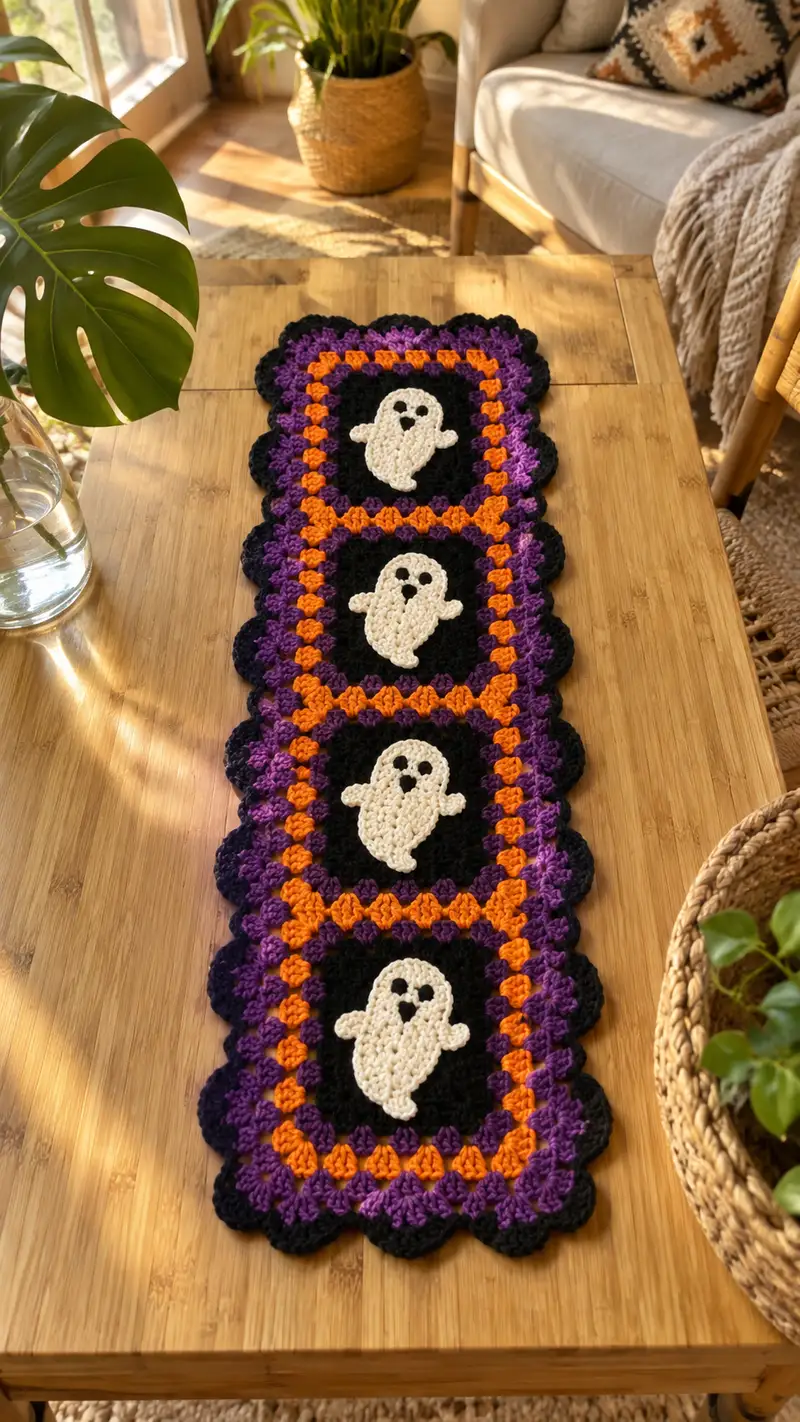 Spooky Ghost Table Runner Pattern crochet pattern - detailed view of completed project