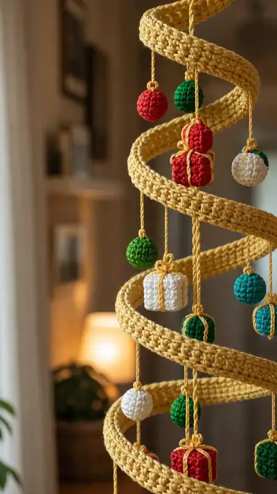 Spiral Hanging Christmas Tree Mobile Pattern step 2 - assembly progress