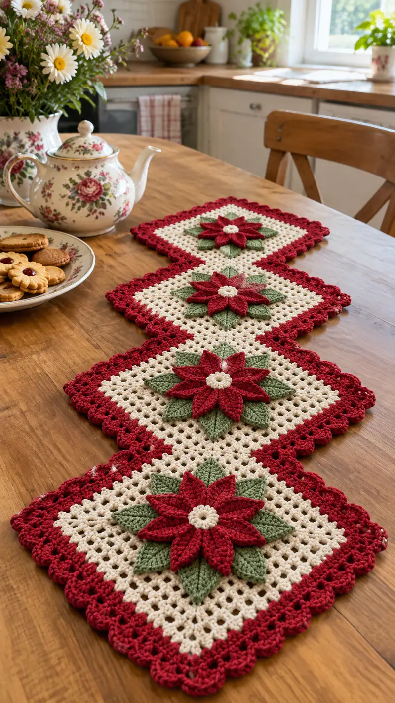 Festive Poinsettia Table Runner Pattern crochet pattern - detailed view of completed project