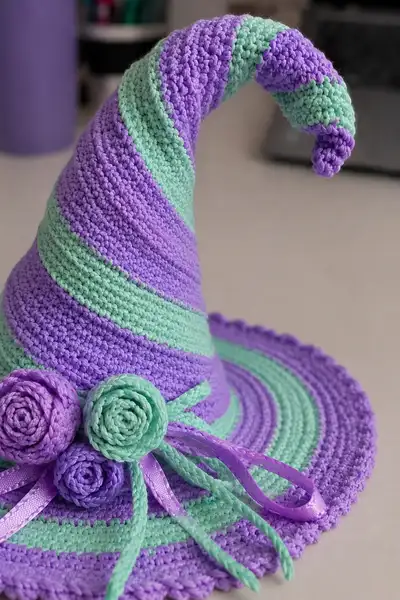 Big Lilac and Mint Spiral Witch Hat Pattern step 2 - assembly progress