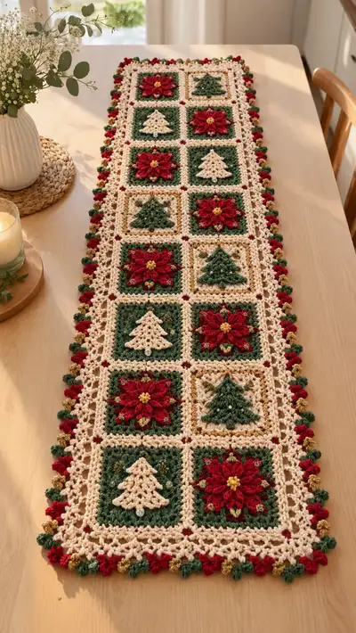 Red Green Poinsettia Tree Table Runner Pattern step 1 - construction progress