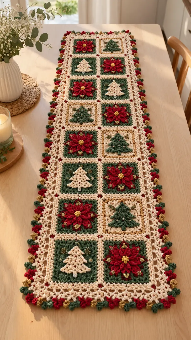 Red Green Poinsettia Tree Table Runner Pattern crochet pattern - detailed view of completed project
