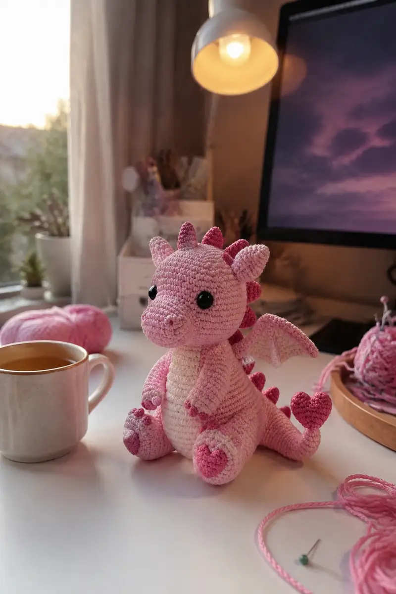 Pinky Valentines Dragon Amigurumi Pattern crochet pattern - detailed view of completed project