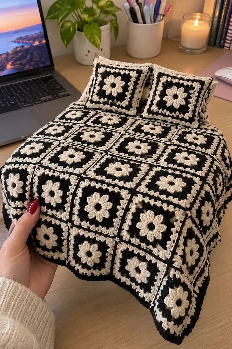 Stunning Black and Cream Daisy Granny Bedspread Pattern crochet pattern - detailed view of completed project