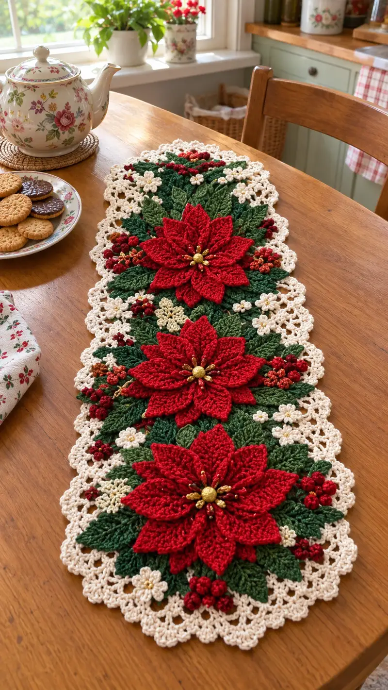 Festive Poinsettia Table Runner Pattern crochet pattern - detailed view of completed project