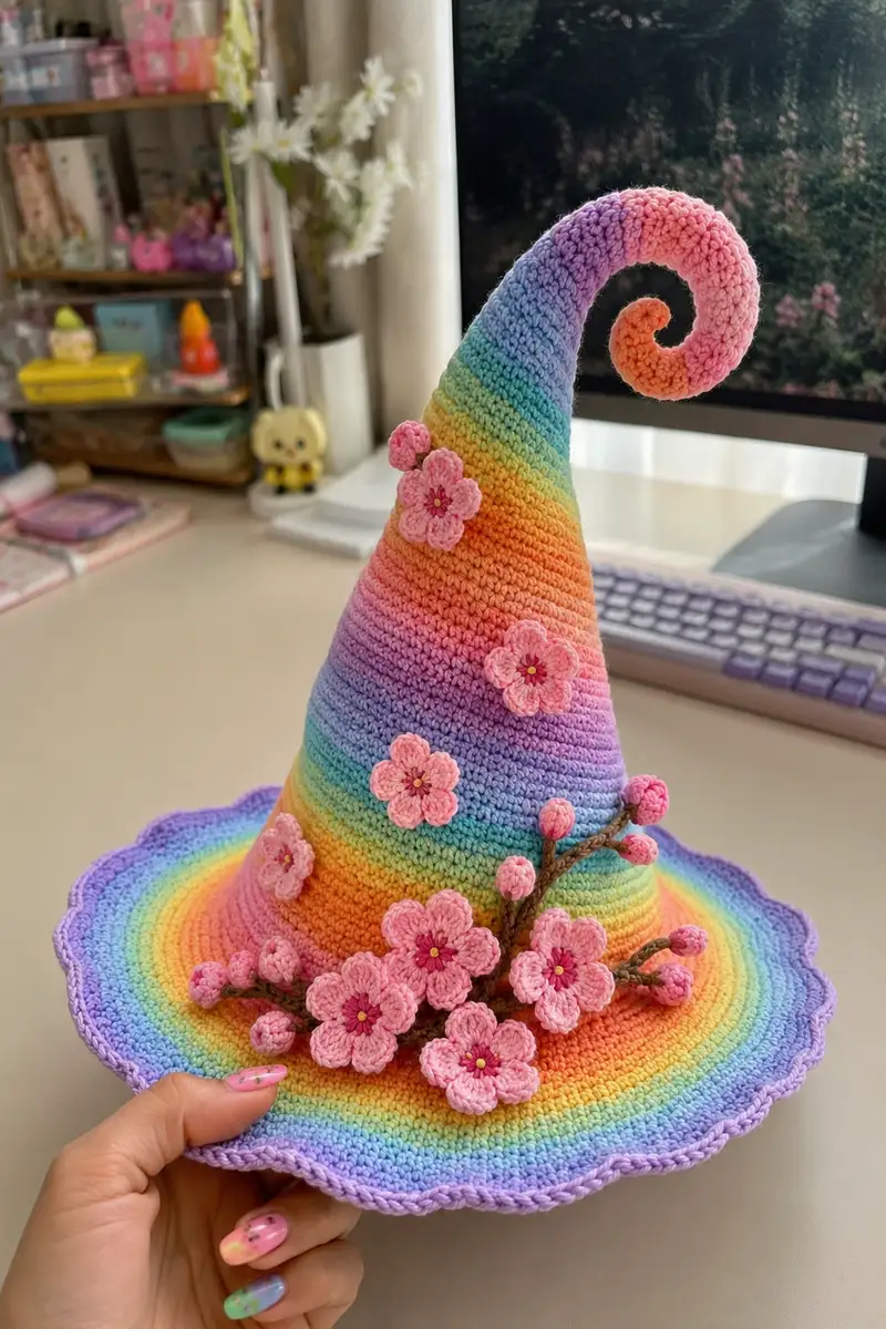 Big Pastel Rainbow Spiral Witch Hat Pattern crochet pattern - detailed view of completed project