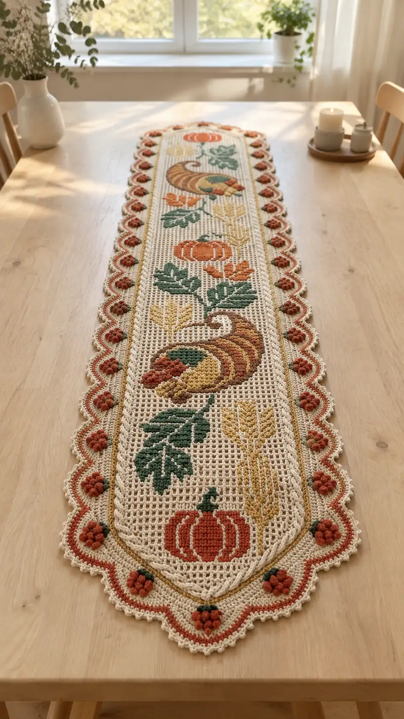 Autumn Cornucopia Table Runner Pattern crochet pattern - detailed view of completed project