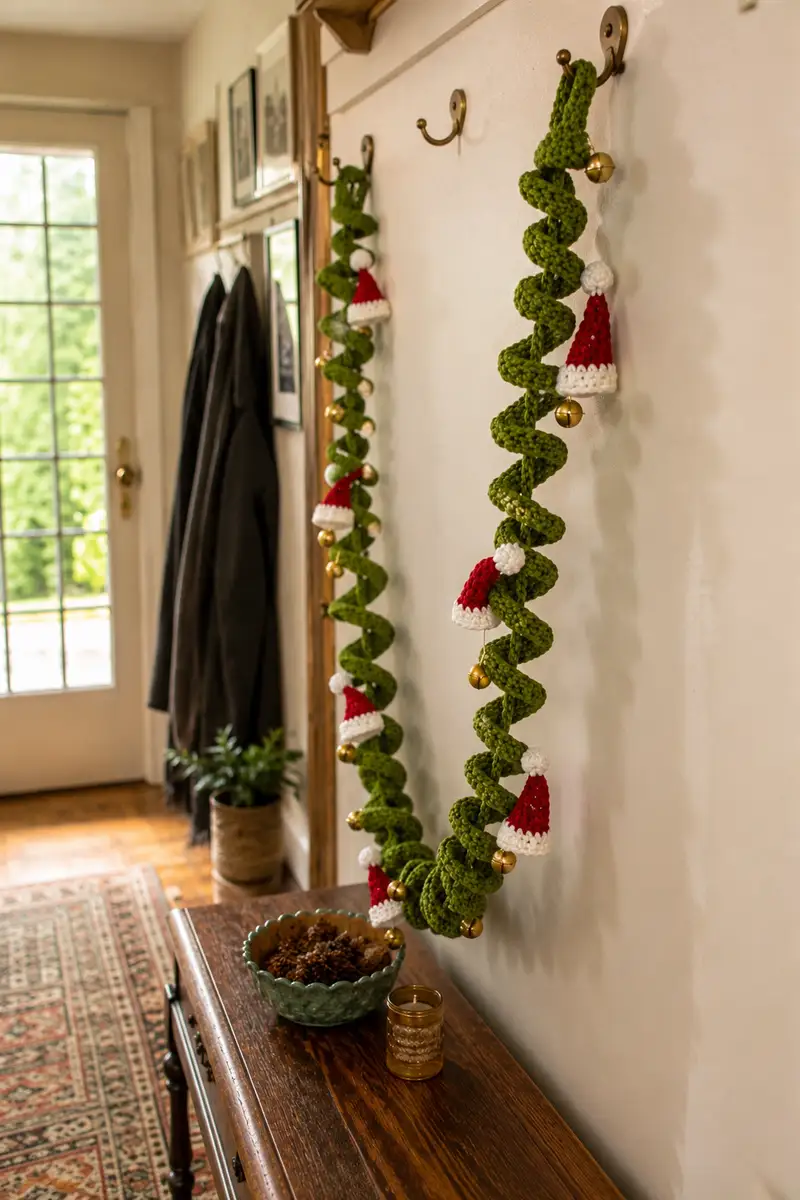 Green Spiral Christmas Garland with Santa Hats and Golden Bells Pattern crochet pattern - detailed view of completed project